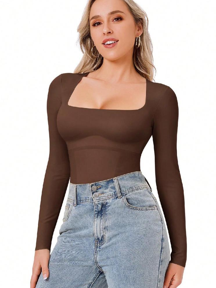 Long Sleeve Square Neck Shaping Bodysuit - Image 2